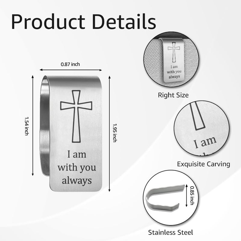 PUVOXHO I Am with You Always Engraved Stainless Steel Car Visor Clip, Travels Visor Car Accessories, Driving Safety Prayer Religious Gifts for Parent Family Friend, New Driver Gifts - Image 1